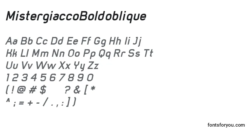 Czcionka MistergiaccoBoldoblique – alfabet, cyfry, specjalne znaki