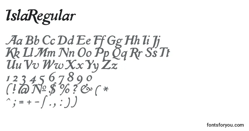 Czcionka IslaRegular – alfabet, cyfry, specjalne znaki