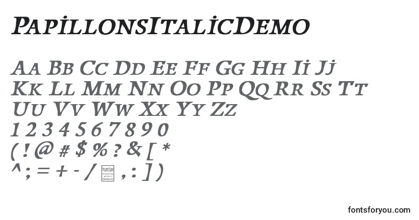 Шрифт PapillonsItalicDemo – алфавит, цифры, специальные символы