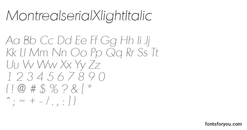 Czcionka MontrealserialXlightItalic – alfabet, cyfry, specjalne znaki