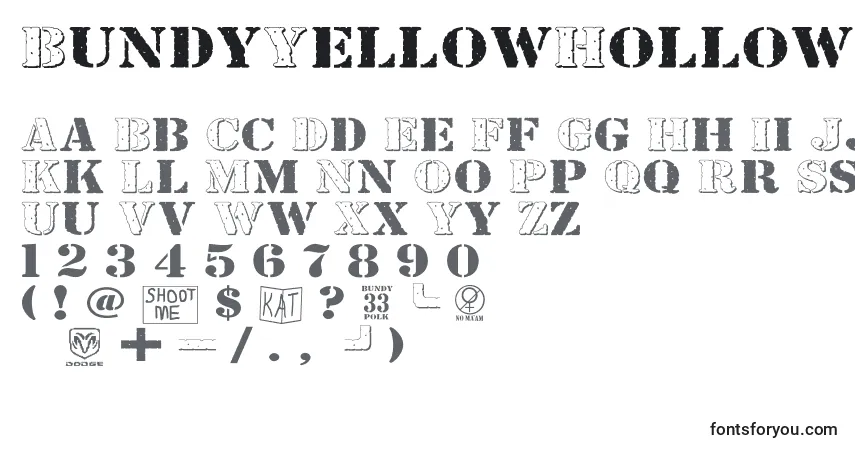 Шрифт BundyYellowHollowshadowed – алфавит, цифры, специальные символы