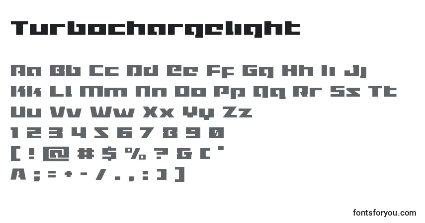 Czcionka Turbochargelight – alfabet, cyfry, specjalne znaki
