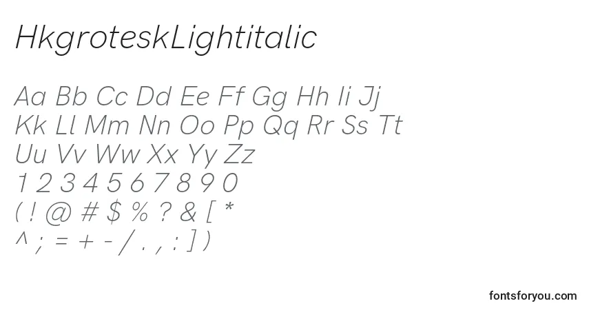 A fonte HkgroteskLightitalic – alfabeto, números, caracteres especiais
