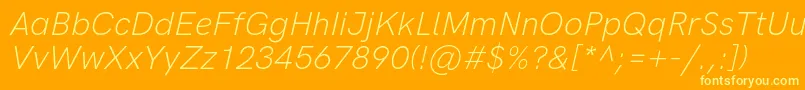 Weitere Informationen zur HkgroteskLightitalic-Schriftart HkgroteskLightitalic-Schriftart – Gelbe Schriften auf orangefarbenem Hintergrund