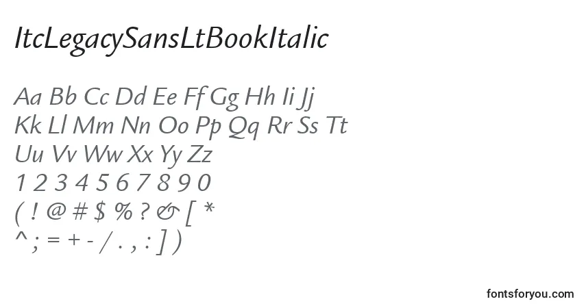 Czcionka ItcLegacySansLtBookItalic – alfabet, cyfry, specjalne znaki