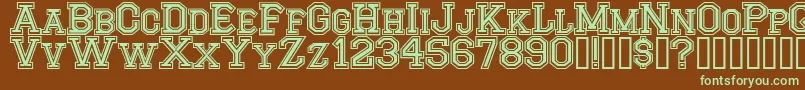 フォントCfmontrealhighschoolRegular – 緑色の文字が茶色の背景にあります。