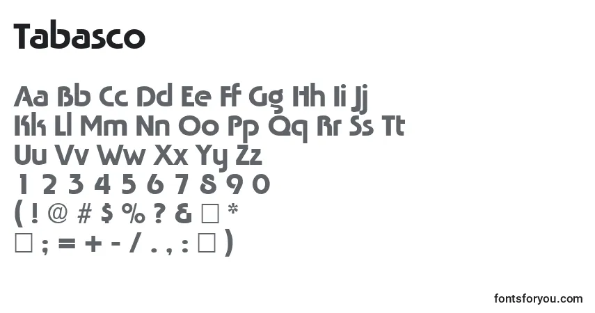 Czcionka Tabasco – alfabet, cyfry, specjalne znaki