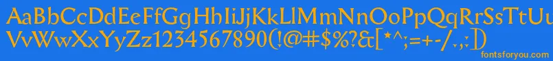 フォントAichel – オレンジ色の文字が青い背景にあります。