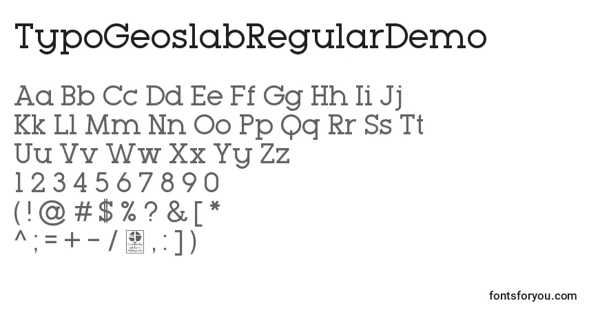Шрифт TypoGeoslabRegularDemo – алфавит, цифры, специальные символы