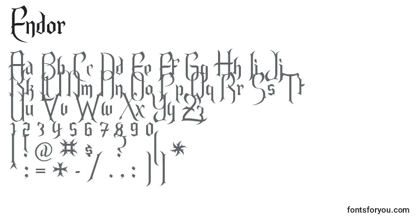 Czcionka Endor – alfabet, cyfry, specjalne znaki