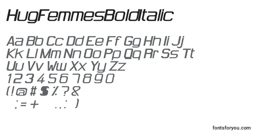 Schriftart HugFemmesBoldItalic – Alphabet, Zahlen, spezielle Symbole