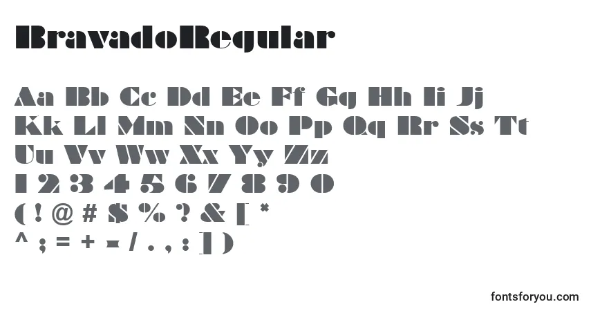 A fonte BravadoRegular – alfabeto, números, caracteres especiais