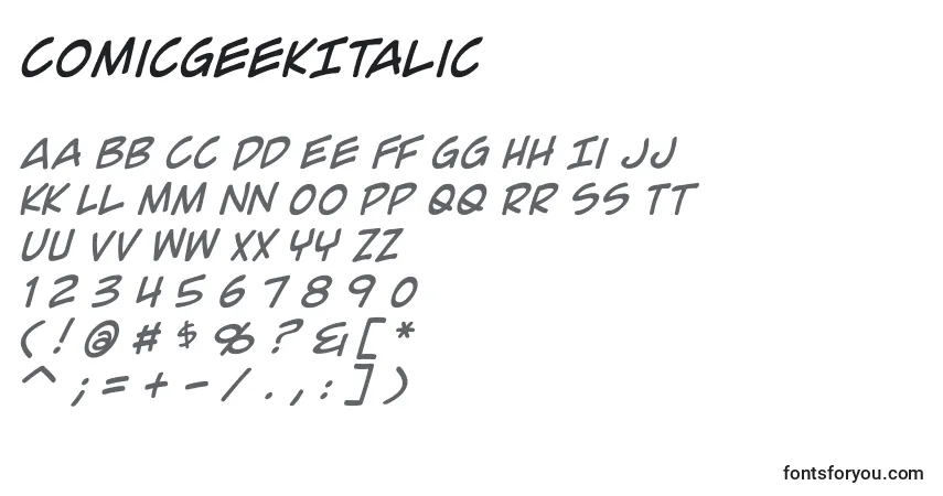 Шрифт ComicGeekItalic – алфавит, цифры, специальные символы