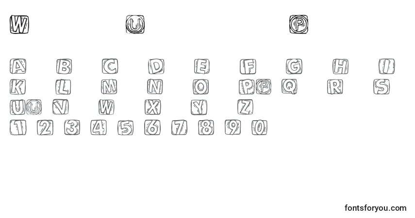 Schriftart Woodcuttedcaps – Alphabet, Zahlen, spezielle Symbole