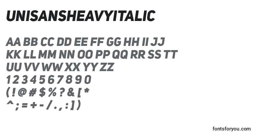 Schriftart UniSansHeavyItalic – Alphabet, Zahlen, spezielle Symbole