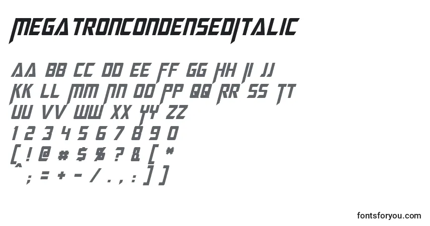 A fonte MegatronCondensedItalic – alfabeto, números, caracteres especiais