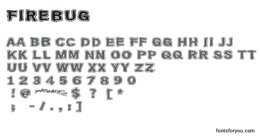 Schriftart Firebug – Alphabet, Zahlen, spezielle Symbole