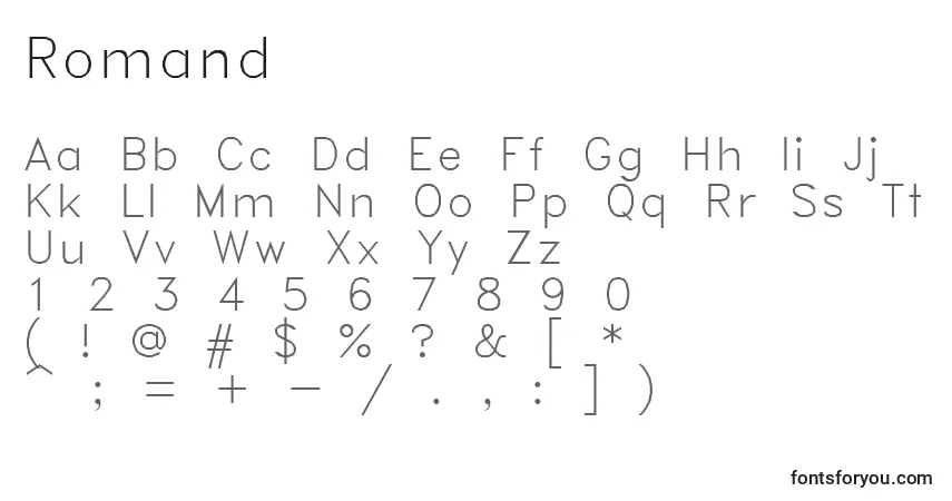 Schriftart Romand – Alphabet, Zahlen, spezielle Symbole