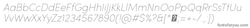SofiaProUltralightItalic-fontti – harmaat kirjasimet valkoisella taustalla