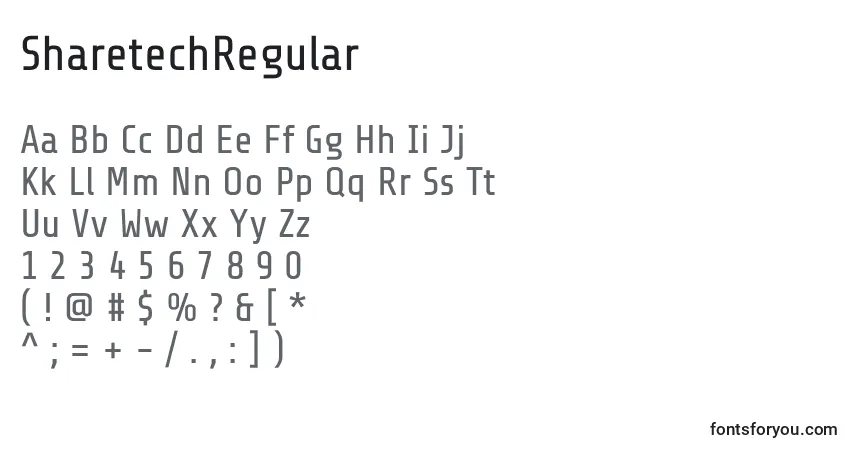 Czcionka SharetechRegular – alfabet, cyfry, specjalne znaki
