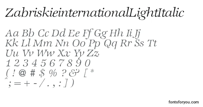 Шрифт ZabriskieinternationalLightItalic – алфавит, цифры, специальные символы