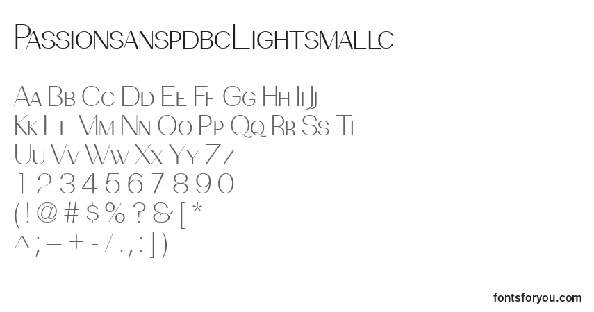 Czcionka PassionsanspdbcLightsmallc – alfabet, cyfry, specjalne znaki