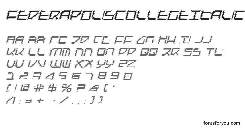 Schriftart FederapolisCollegeItalic – Alphabet, Zahlen, spezielle Symbole