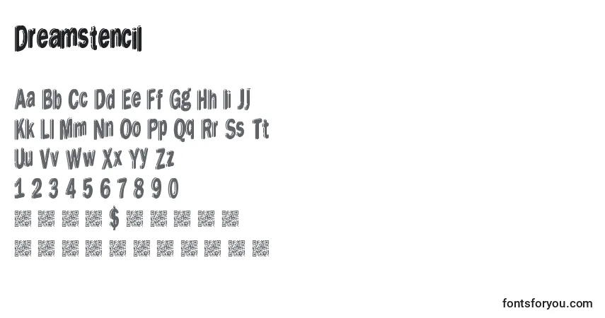 Czcionka Dreamstencil – alfabet, cyfry, specjalne znaki
