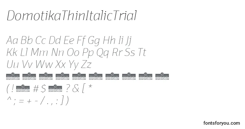 Czcionka DomotikaThinItalicTrial – alfabet, cyfry, specjalne znaki