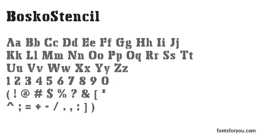 A fonte BoskoStencil – alfabeto, números, caracteres especiais