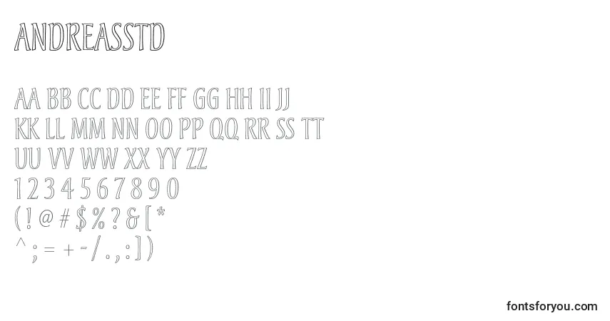 Czcionka Andreasstd – alfabet, cyfry, specjalne znaki