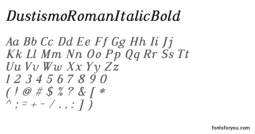 Czcionka DustismoRomanItalicBold – alfabet, cyfry, specjalne znaki