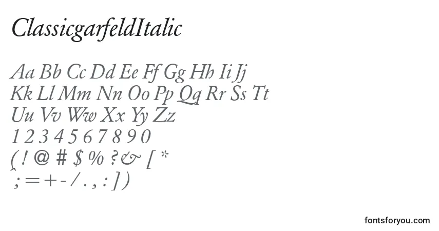 Шрифт ClassicgarfeldItalic – алфавит, цифры, специальные символы