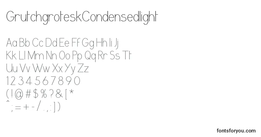 A fonte GrutchgroteskCondensedlight – alfabeto, números, caracteres especiais