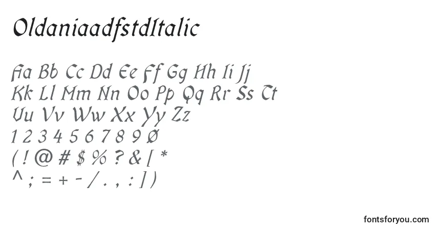 A fonte OldaniaadfstdItalic – alfabeto, números, caracteres especiais