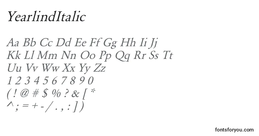 Schriftart YearlindItalic – Alphabet, Zahlen, spezielle Symbole