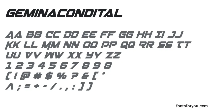 Schriftart Geminacondital – Alphabet, Zahlen, spezielle Symbole