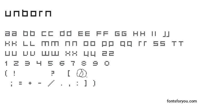 Czcionka Unborn – alfabet, cyfry, specjalne znaki