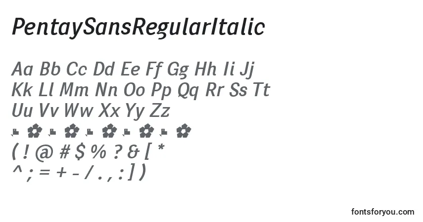 A fonte PentaySansRegularItalic – alfabeto, números, caracteres especiais