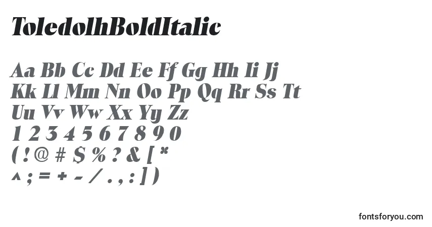 A fonte ToledolhBoldItalic – alfabeto, números, caracteres especiais