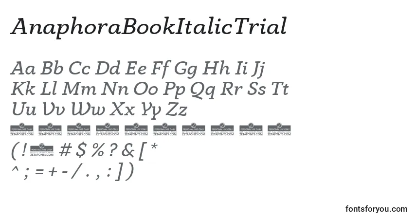 Czcionka AnaphoraBookItalicTrial – alfabet, cyfry, specjalne znaki