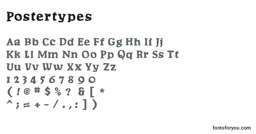 A fonte Postertypes – alfabeto, números, caracteres especiais