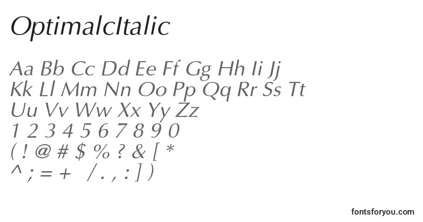 Czcionka OptimalcItalic – alfabet, cyfry, specjalne znaki