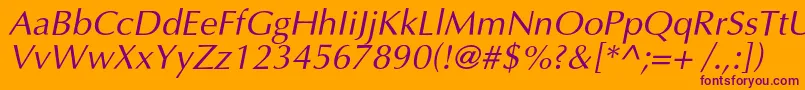 Weitere Informationen zur OptimalcItalic-Schriftart OptimalcItalic-Schriftart – Violette Schriften auf orangefarbenem Hintergrund