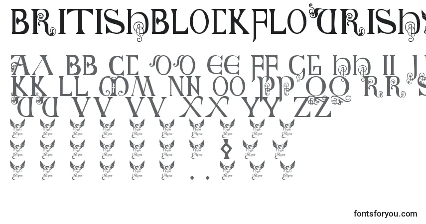 A fonte BritishBlockFlourish10thC – alfabeto, números, caracteres especiais