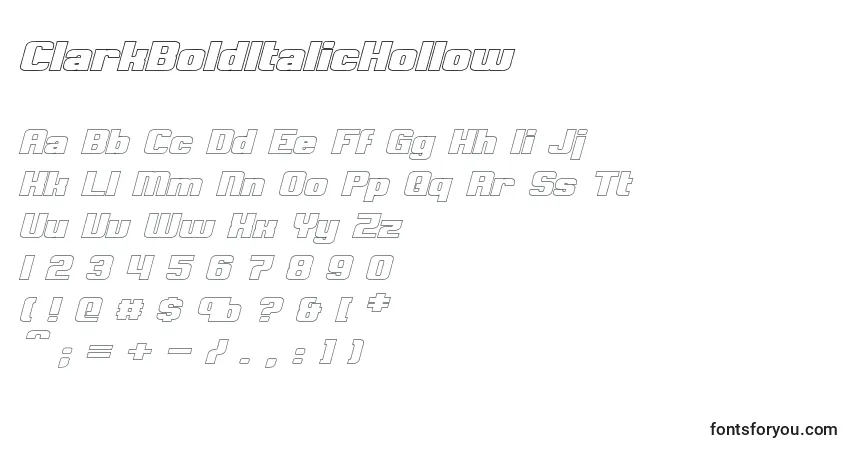 Шрифт ClarkBoldItalicHollow – алфавит, цифры, специальные символы