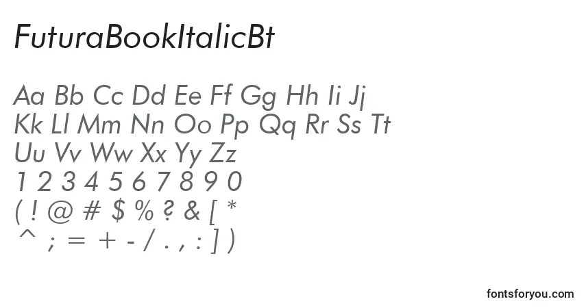 Шрифт FuturaBookItalicBt – алфавит, цифры, специальные символы