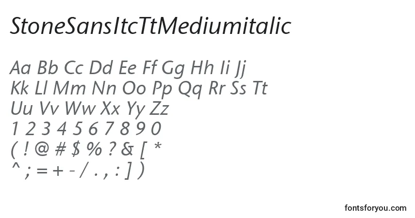 A fonte StoneSansItcTtMediumitalic – alfabeto, números, caracteres especiais