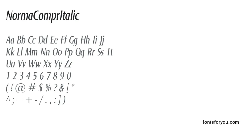 A fonte NormaComprItalic – alfabeto, números, caracteres especiais