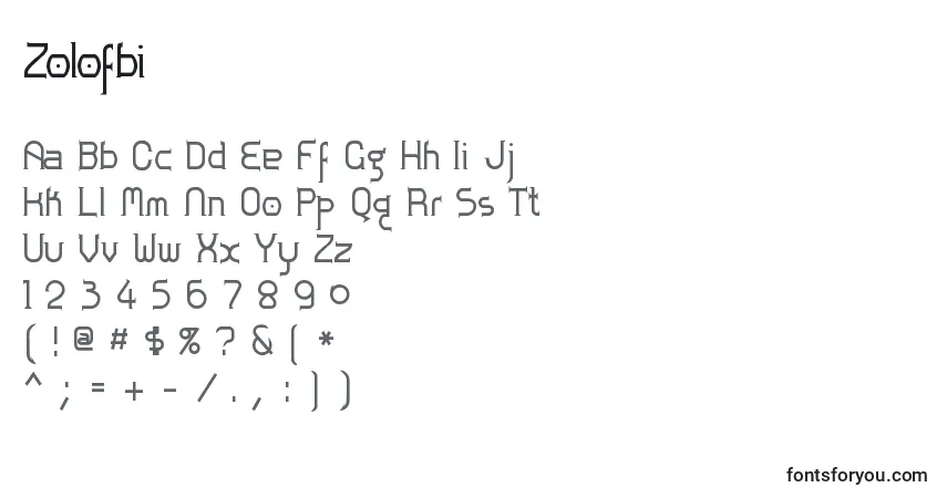 Schriftart Zolofbi – Alphabet, Zahlen, spezielle Symbole